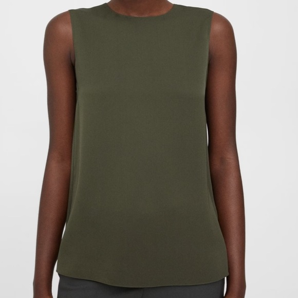 Theory Tops - Theory Shell Tank Top Blouse in Silk Georgette Dark Olive Size XXL High Neck